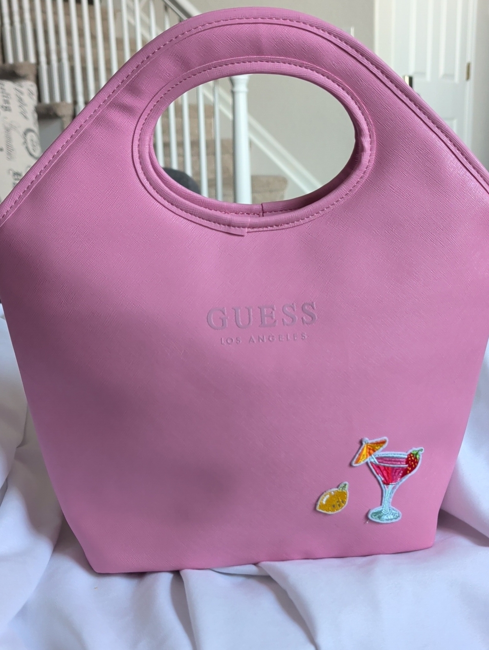 GUESS Pink Cutout-Handle Lunch Bag Tote with Cocktail Patch